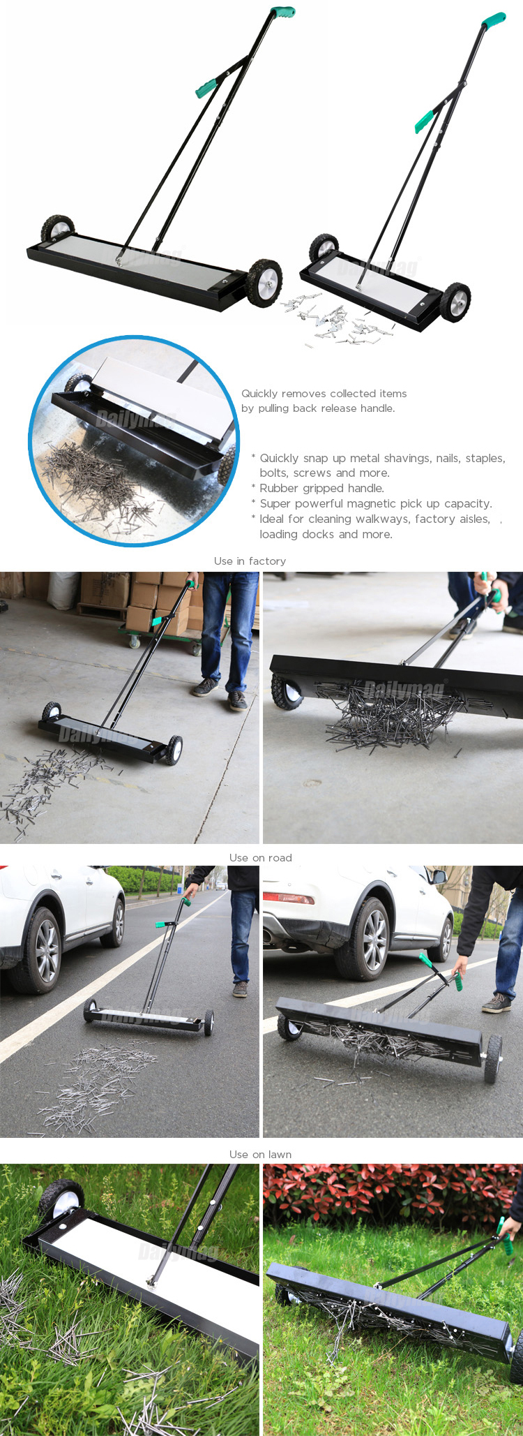 Magnetic Sweeper16" Metal Pick Up Push Broom Mini Floor Cleaner Pull Roller